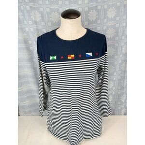 Norton Mcnaughton Womens Top Size Large Blue Striped Long Sleeve Shirt Embroider